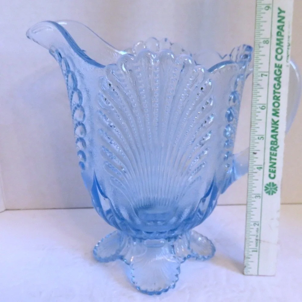 Vintage Light Blue Mosser Pressed Glass Shell Bead Footed‎ Water Pitcher 8